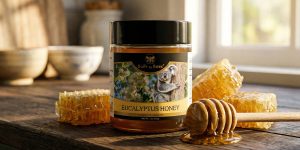 Jar of eucalyptus honey on wooden table with honeycomb pieces and honey dipper catching drips by a bright window
