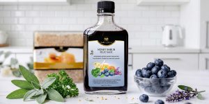 Bottle of blue sage honey shrub on kitchen counter with fresh blueberries, sage and parsley