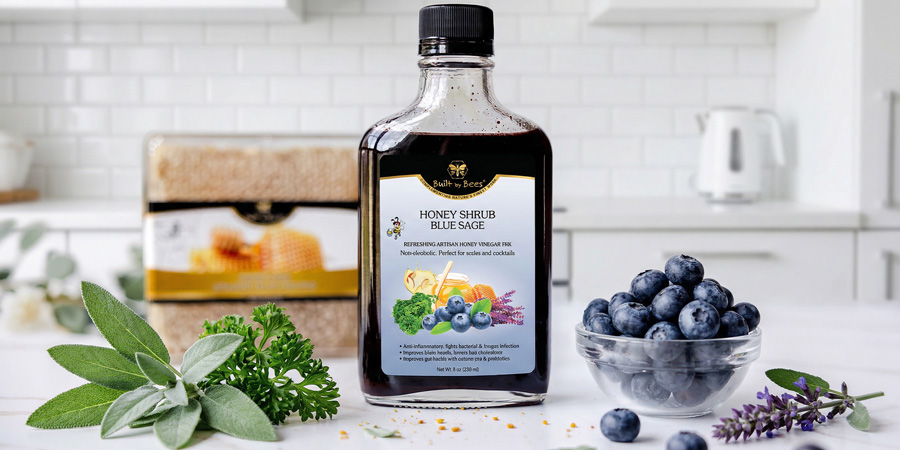 Bottle of blue sage honey shrub on kitchen counter with fresh blueberries, sage and parsley