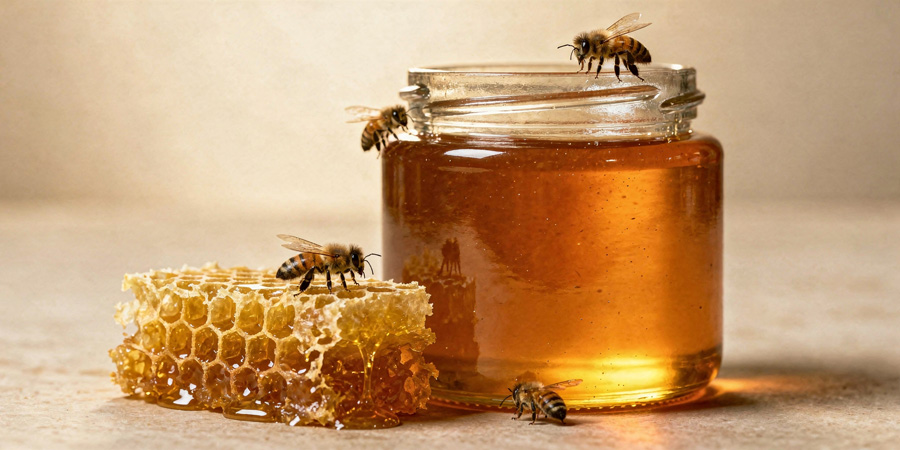 Jar of golden honey and dripping honeycomb with bees crawling