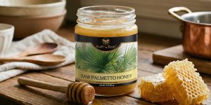 Jar of saw palmetto honey with honey dipper and honeycomb on a rustic wooden table