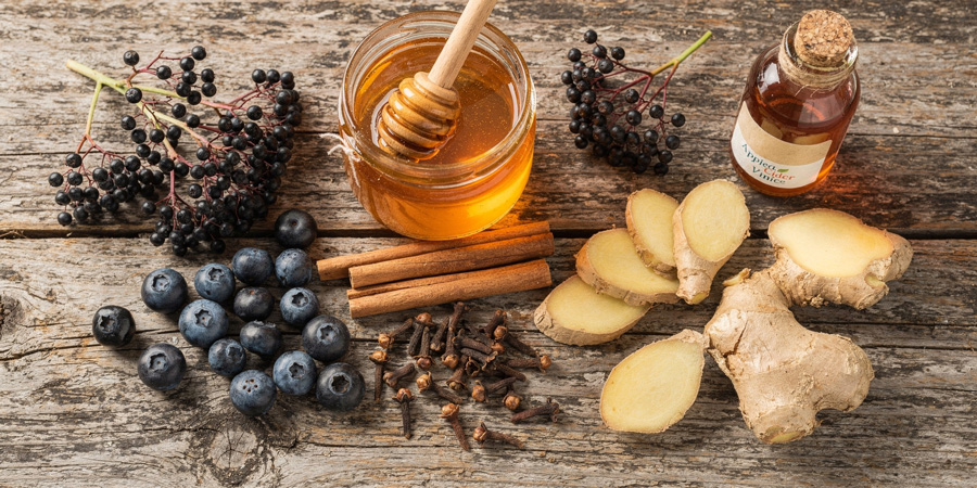 Jar of honey with honey dipper surrounded by elderberries, blueberries, cinnamon sticks, cloves, sliced ginger and a bottle of apple cider vinegar on rustic wood