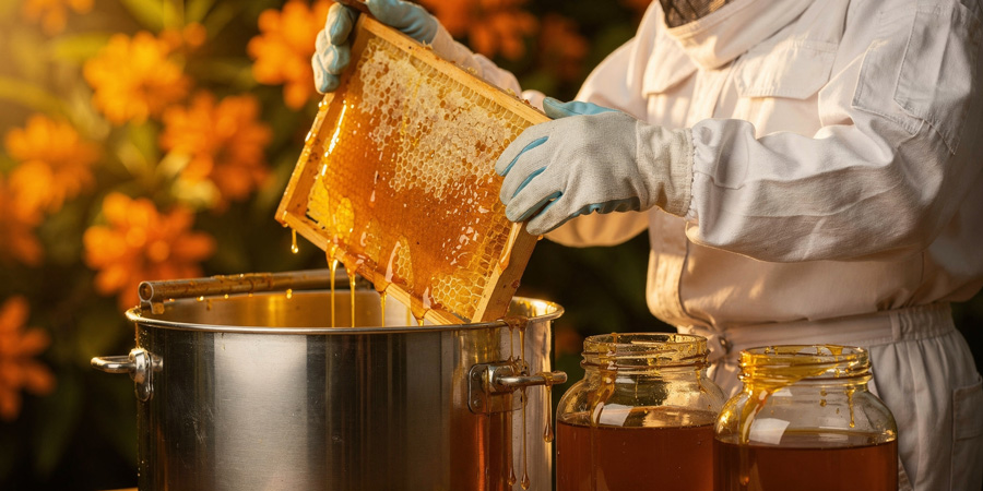 Beekeeper extracting raw orange blossom honey from a capped honeycomb frame over a stainless-steel pot with golden honey dripping into jars, sunlit orange blossoms blurred in the background