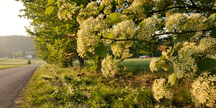 Bees flying around fragrant white linden blossoms along a country road 