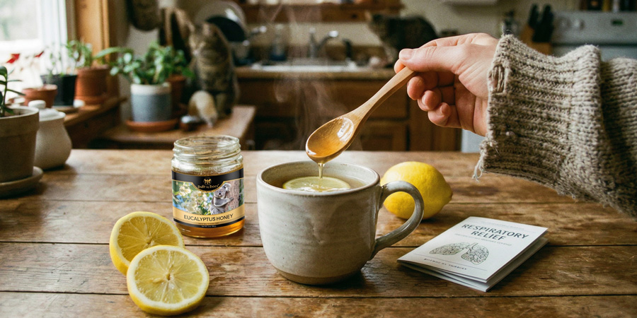 Hand drizzling eucalyptus honey from a wooden spoon into a steaming tea mug with lemon halves and honey jar on rustic kitchen table
