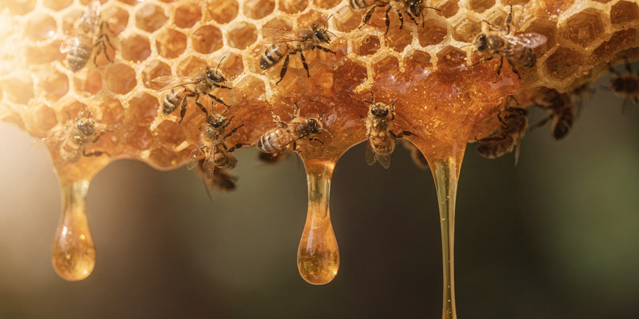 Close-up of honeycomb with golden honey dripping and bees crawling