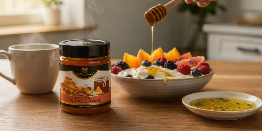 Jar of Built By Bees raw orange blossom honey beside a bowl of yogurt topped with fresh fruit and a wooden dipper drizzling honey, warm kitchen scene with steaming mug and olive-oil dressing