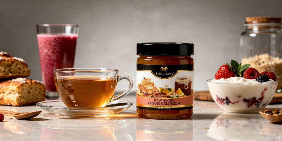 Built By Bees jar of raw orange blossom honey on a breakfast table with a steaming cup of tea, yogurt topped with berries, scones, and a smoothie 