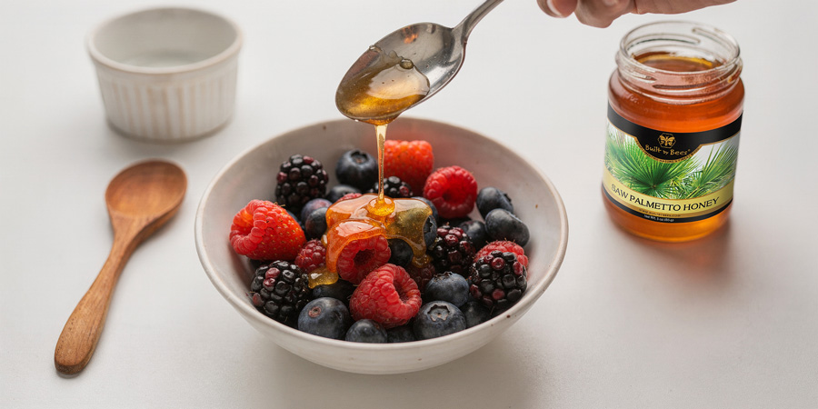 Honey drizzling from a spoon onto a bowl of fresh blueberries, raspberries and blackberries with jar of saw palmetto honey nearby