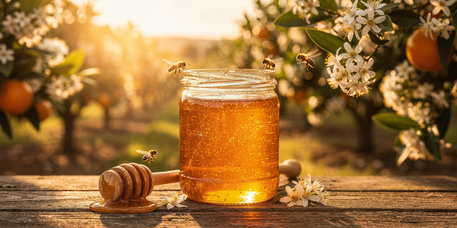Jar of raw orange blossom honey glowing golden on a rustic table in a sunlit orange orchard, with a wooden honey dipper, orange blossoms, and bees hovering nearby