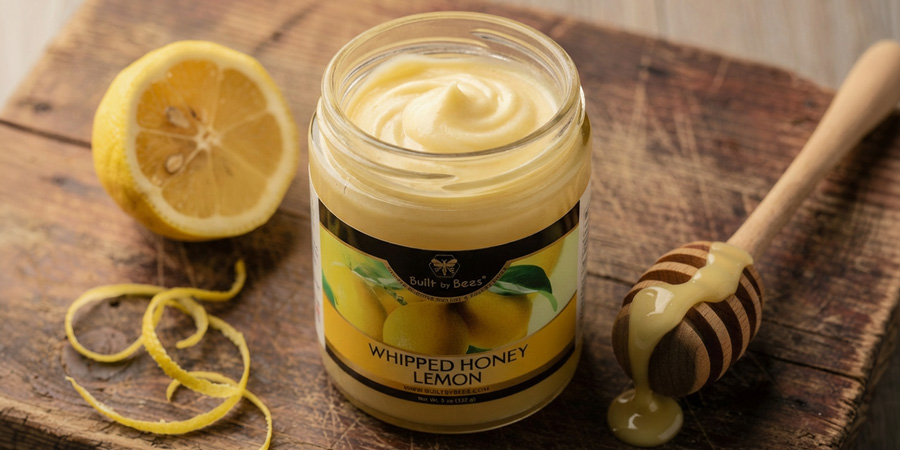 Jar of whipped lemon honey on a wooden board with lemon half, lemon zest curls, and a honey dipper dripping whipped honey