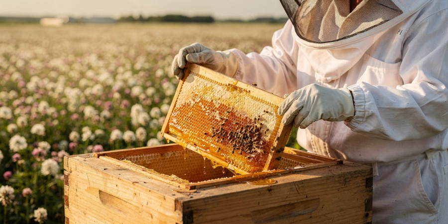 Beekeeper in protective suit harvesting a honeycomb frame dripping golden honey from a wooden hive in a flowering field at sunset
