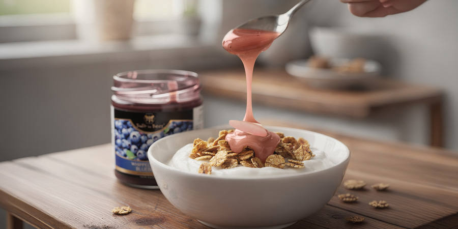 Close-up of yogurt and granola in a white bowl with blueberry whipped honey being drizzled from a spoon