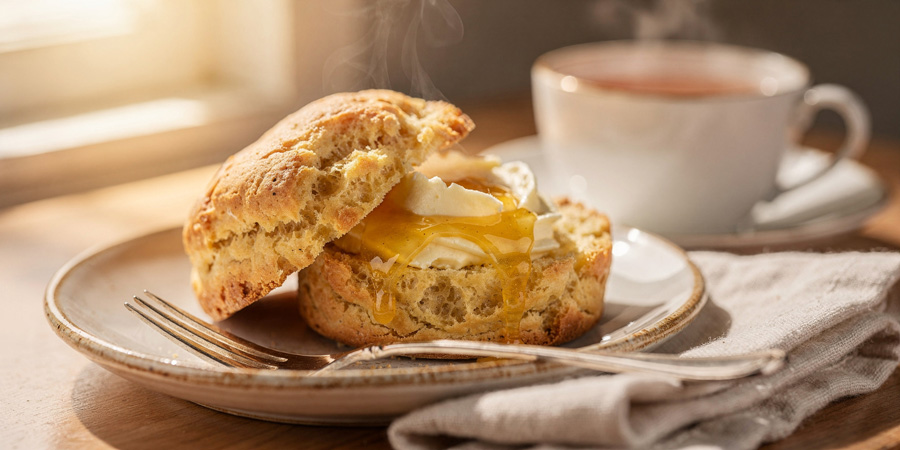 Warm scone split open with butter and whipped honey oozing down the sides on a ceramic plate beside a steaming cup of tea