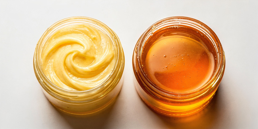 Two open jars on white surface: creamy whipped lemon honey spread and clear golden honey side-by-side