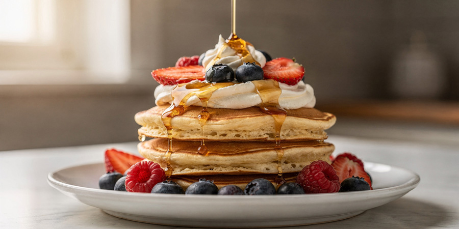 Stack of fluffy pancakes topped with whipped cream, fresh strawberries, blueberries and raspberries, honey being poured over