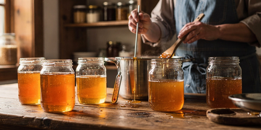 Rows of glass jars filled with honey on a wooden table as a person in an apron stirs and drizzles honey from a pot
